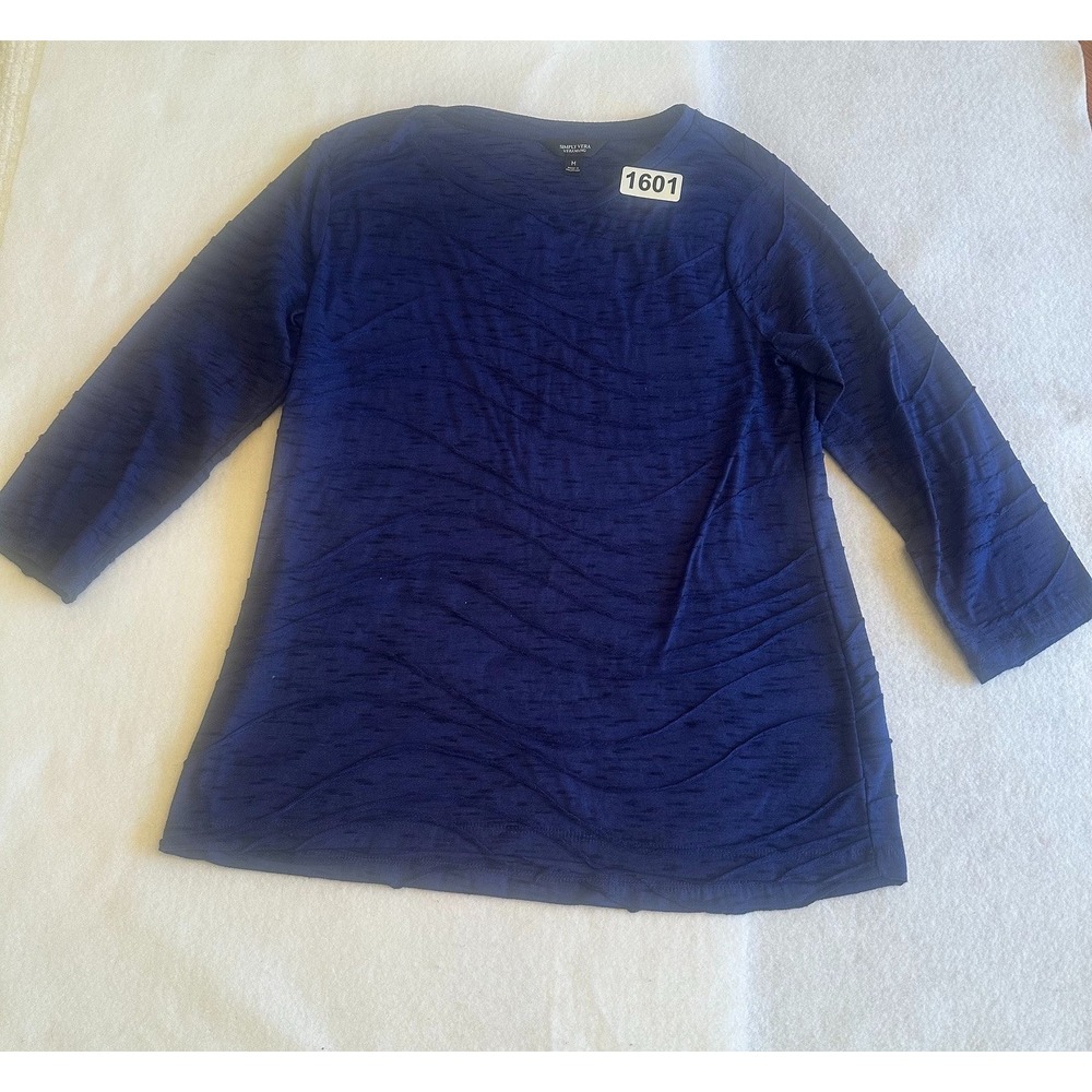 Simply Vera Vera Wang Top Womens M Navy Blue Textured Wave Long Sleeve Scoop